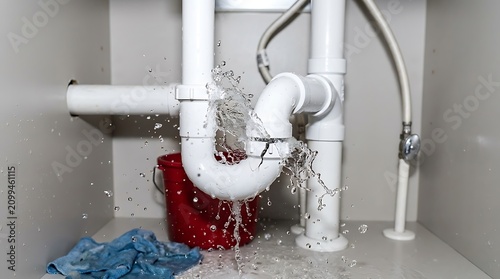 Water leaking from broken white pipe under kitchen sink