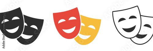 Masquerade Vector Icon Set Featuring Comic And Tragic Theater Masks, Elegant Black Silhouette Collection Symbolizing Drama, Comedy, Performance, And Entertainment, Isolated On White Background.