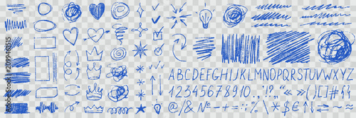 Messy pen scribble pack. White pencil doodles, lines, handwriting letters, childish numbers and typography icons. Pack of free hand symbols for graphic designs. Vector illustration, fake transparency