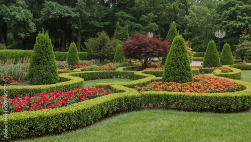 Garden With Shaped Hedges and Colorful Flowers in a Wooded Area During Daytime