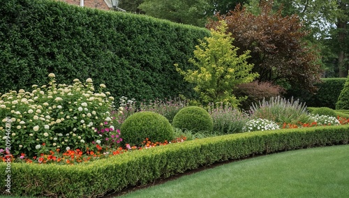Garden With Shaped Hedges and Colorful Flowers in a Wooded Area During Daytime