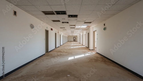 Empty Hallway in an Abandoned Building With Damaged Ceiling and Dirt on Floor