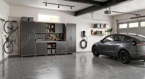 A modern garage interior with an electric vehicle charging, gray cabinets, tools, bicycle, and shelving units
