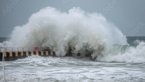 Waves Crash Against a Pier During a Storm Near a Coastal Town in the Early Af...