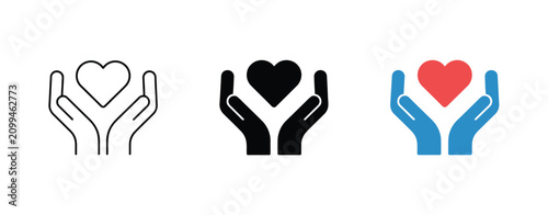 Caring Hands Holding Heart Icons Illustrating Love, Protection, Kindness, Healthcare, Charitable Support, Compassion, And Community Care, Clean Minimalist Vector Graphics Isolated On White Background.
