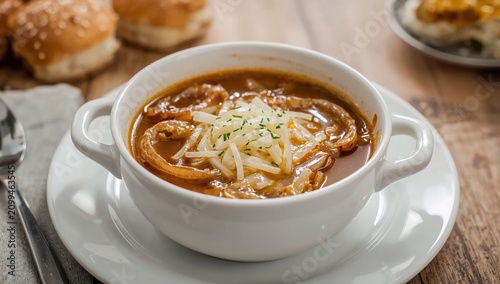Warm Bowl of Soup With Cheese and Bread Rolls on Wooden Table