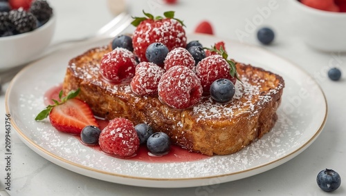 Delicious Breakfast Featuring French Toast Topped With Berries on a Wooden Table