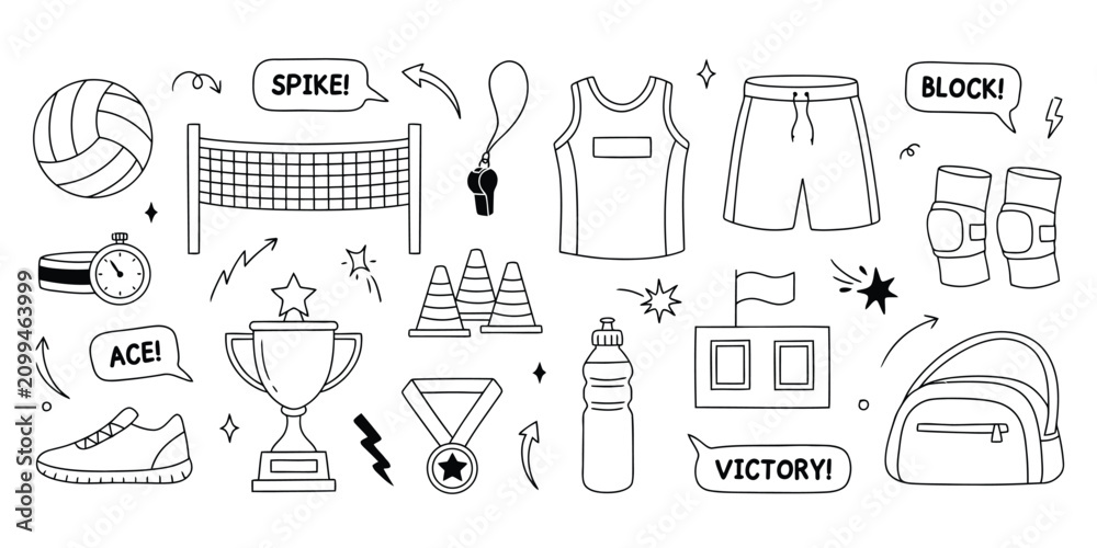 Naklejka premium Set of hand drawn volleyball equipment and sports elements doodles on a white background for design projects