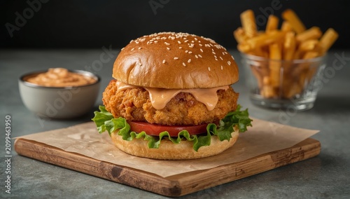 Crispy Chicken Sandwich Served on a Wooden Board With Fries and Dipping Sauce...