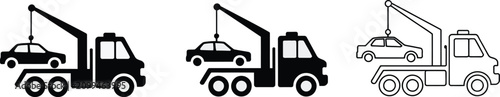Tow Truck Icon Set Featuring Car Towing And Roadside Assistance Symbols, Emergency Vehicle Recovery, Transport Support, Flatbed Tow Truck, Hook Lift, And Automotive Service Graphics, Clean Vector.