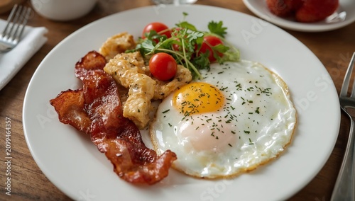 Breakfast Plate With Eggs, Bacon, and Vegetables Served on a White Plate at a...