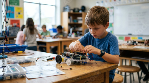 A young boy is building a robot in a classroom with other students in the background