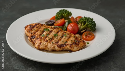 Grilled Chicken Breast Served With Vegetables and Tomatoes on a White Plate