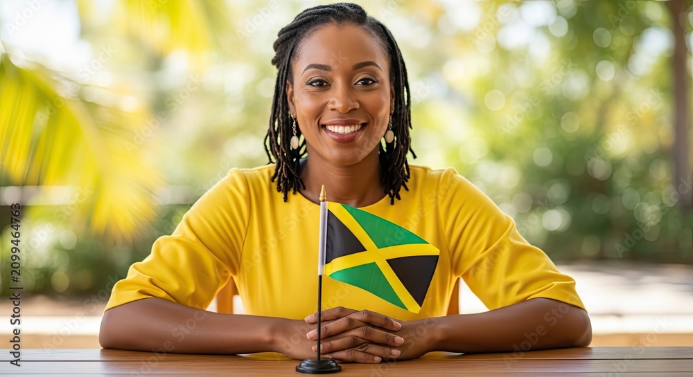Fototapeta premium Jamaican Woman with Flag: A smiling Jamaican woman proudly displays her national flag, a symbol of heritage and pride, set against a backdrop of lush greenery.