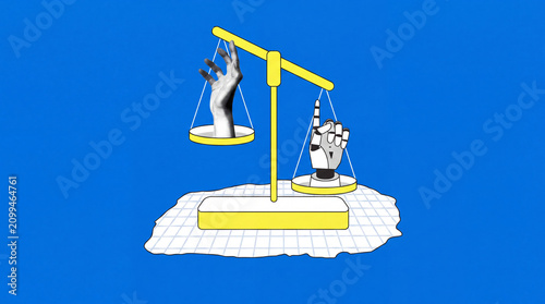 Fotografía A conceptual graphic showing a human hand and a robotic hand balancing on scales, representing the choice or comparison between human labor and artificial intelligence