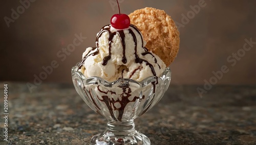 Delicious Ice Cream With Chocolate Sauce and a Cookie Served in a Bowl