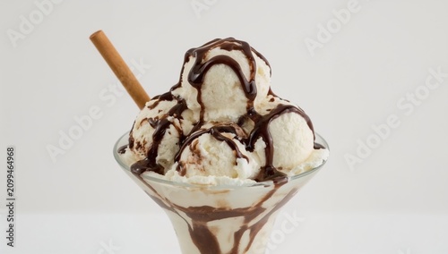 Delicious Ice Cream Sundae With Chocolate Sauce and a Cinnamon Stick Served i...