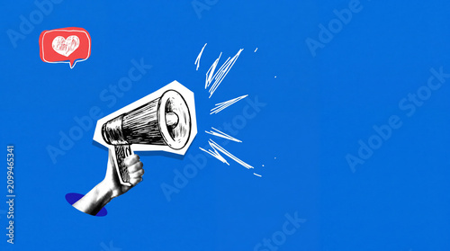 Obraz na płótnie A creative collage illustration featuring a hand holding a megaphone and a social media love heart icon, symbolizing communication, influence, and engagement
