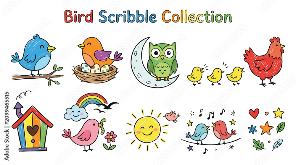 Naklejka premium Collection of cute bird doodle illustrations in vibrant colors featuring songs birds owl nest chicks and birdhouse for nature themed kids craft design projects.