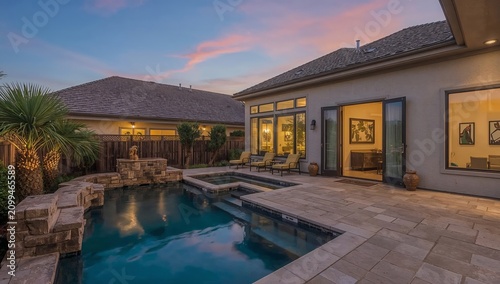Evening Setting at a Backyard With a Pool and Outdoor Seating