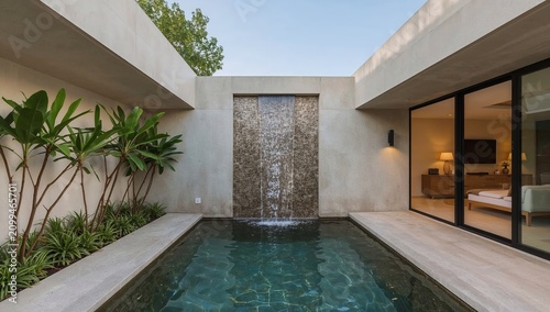 Modern Outdoor Space With a Waterfall and a Pool in a Home Setting