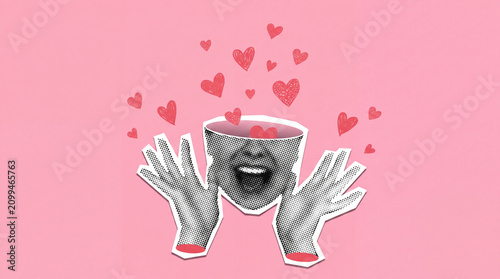 Fotografie A creative surrealist collage featuring a human head shaped like a cup filled with floating hand-drawn hearts, conveying love and happiness in pop art style