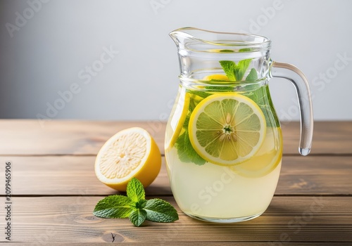 A refreshing glass jug filled with homemade lemonade, yellow lemon slices, and vibrant green mint leaves sits on a rustic wooden table, fresh, ice, sunshine