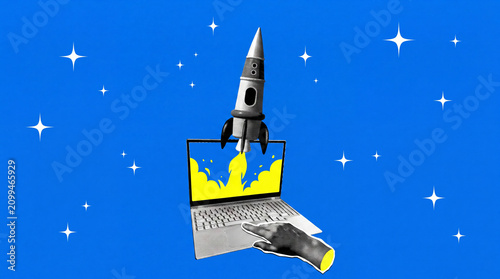 Obraz na plátně A creative digital collage featuring a vintage-style rocket launching from a laptop screen, symbolizing business startup, innovation, and digital growth