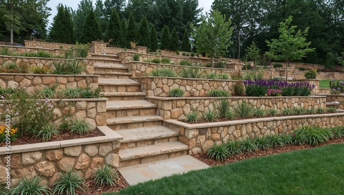 Stairs Lead up Through a Garden With Stone Walls and Various Plants in a Subu...