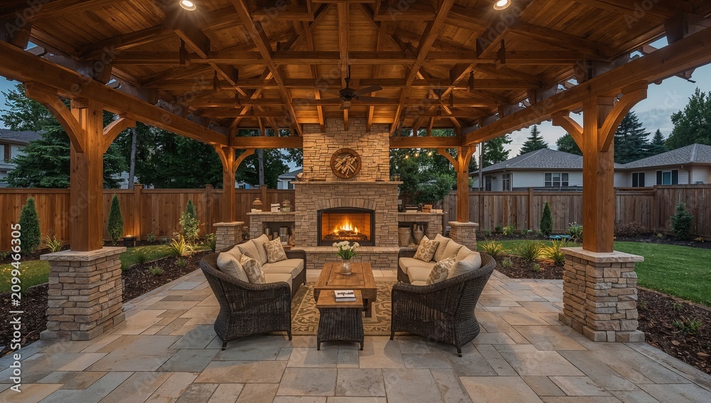 Obraz premium Backyard Outdoor Space With a Wooden Pergola and a Stone Fireplace for Evening Gatherings