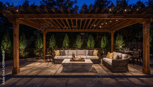 Cozy Outdoor Living Area With Seating and a Fire Pit at Night