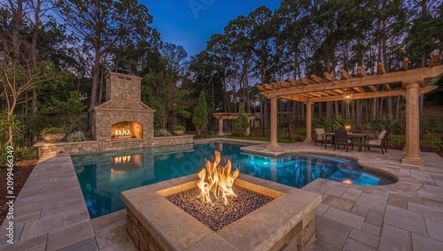 Evening Gathering by the Pool With Fire Pit in a Backyard Setting