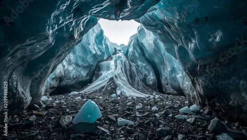 Mountain Glacier View From Cave With Water Flowing in Foreground