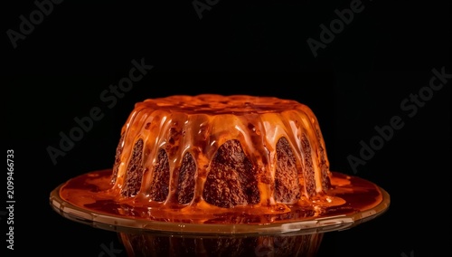 Dessert Sits on a Plate With Caramel Sauce Dripping Down Its Sides
