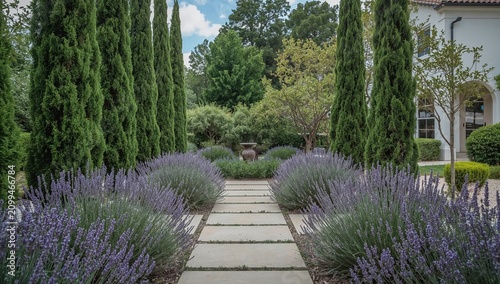 Garden Path Leads to Entrance Surrounded by Olive Trees in a Sunny Courtyard