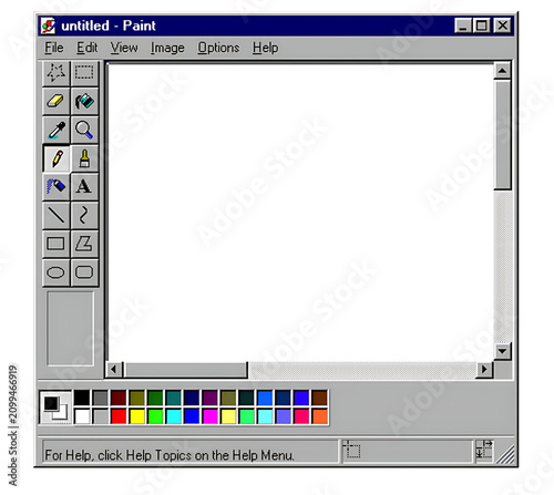 Fotografie Retro computer graphics software interface with blank canvas and tool palette