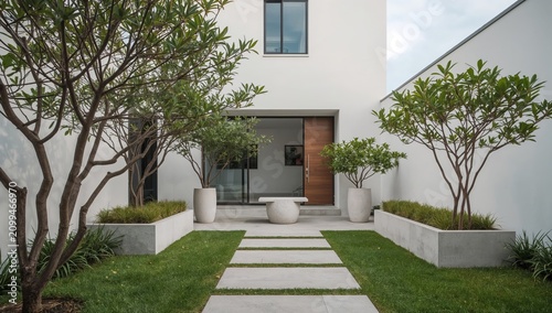 Modern Garden With Concrete Paths and Trees in a Residential Area