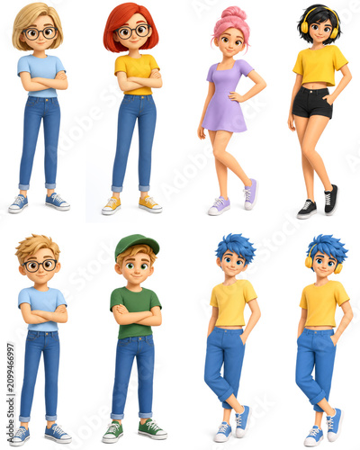 Young European girls and boys against a white background, 3D characters, set.