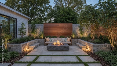 Modern Outdoor Seating Area With Two Seating Arrangements and a Central Table
