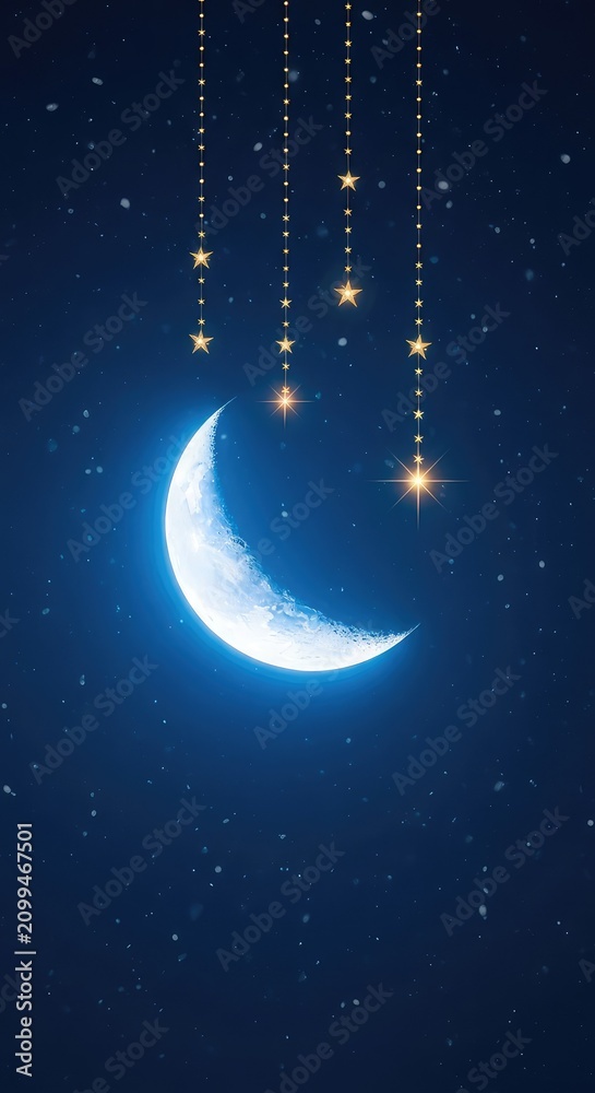Naklejka premium Glowing crescent moon and golden stars suspended from delicate string lights against a deep blue midnight winter sky with soft snowy haze, bright, festive, cosmic