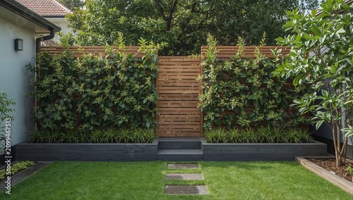 Garden Area With Green Plants and Wooden Fence Near House in Daytime