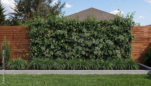 Garden Area With Green Plants and Wooden Fence Near House in Daytime