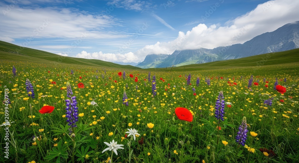 Fototapeta premium Lush green alpine meadows bloom with vibrant wildflowers under a vast blue sky and soft white clouds, creating a peaceful mountain vista, grass, grassland, floral