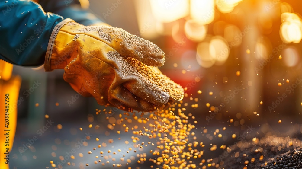 Obraz premium Harvesting fresh soybeans a gloved hand transfers grain into a container amidst silos and crane