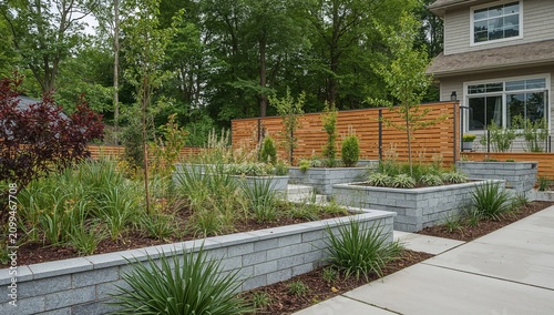 Visitors Walk Along the Stone Path in a Landscaped Yard With Plants and Trees