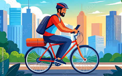 young male Urban Cyclist Riding Bicycle Through Modern City Flat Illustration