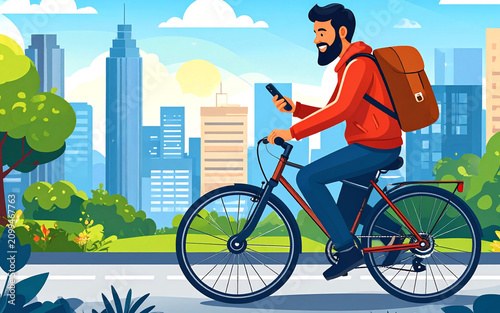 Young male Urban Cyclist Riding Bicycle Through Modern City Flat Illustration
