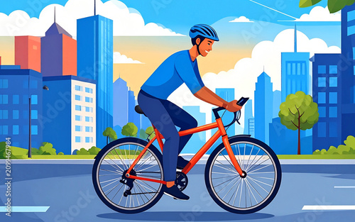 Urban Cyclist Riding Bicycle Through Modern City Flat modern Illustration