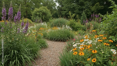 Flowers Bloom Along a Gravel Path in a Garden on a Warm Summer Afternoon