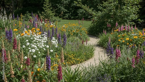 Flowers Bloom Along a Gravel Path in a Garden on a Warm Summer Afternoon